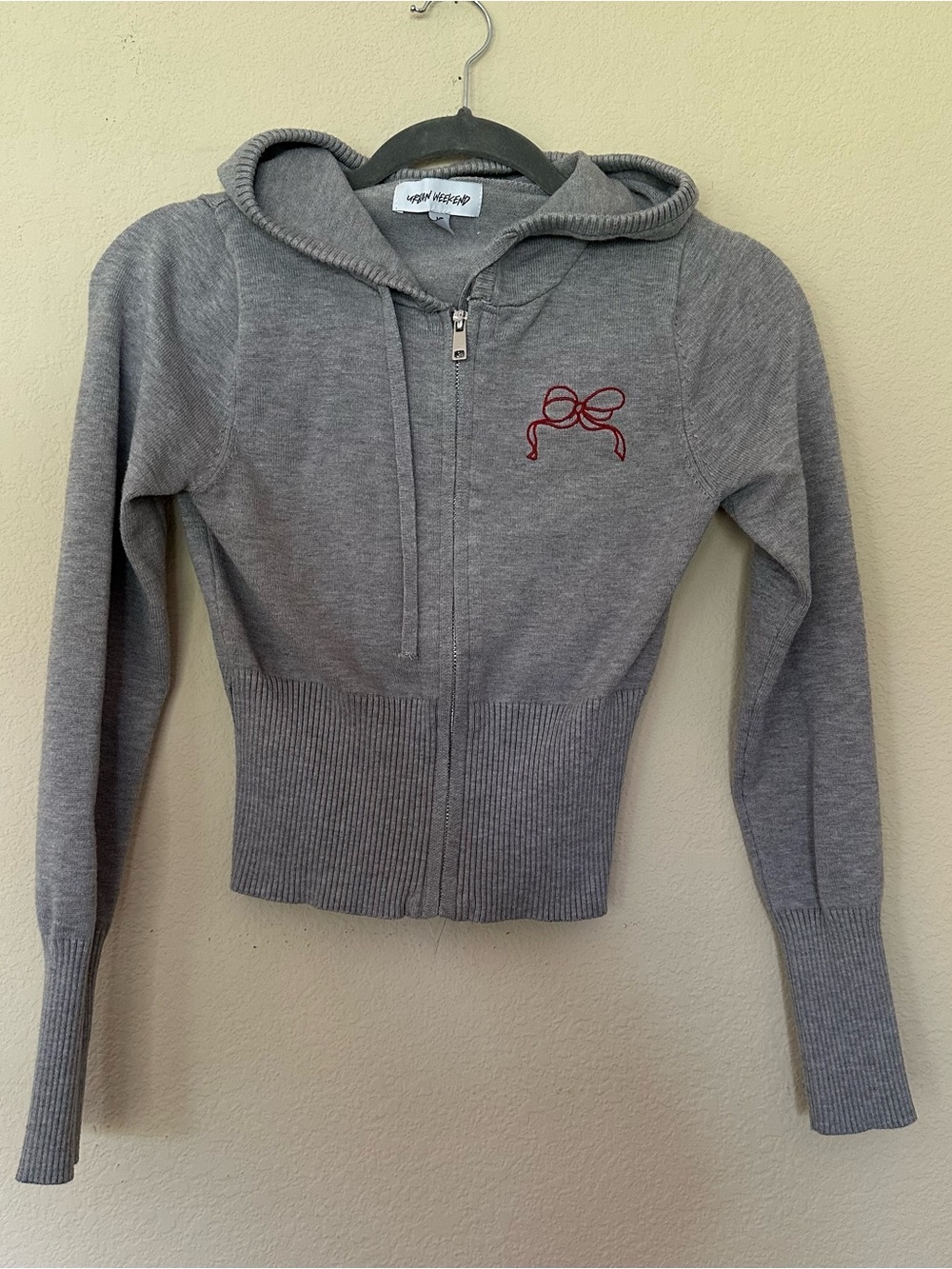 Urban Weekend Women’s Gray Zip Hoodie Jacket with Red Bow Embroidery size Medium